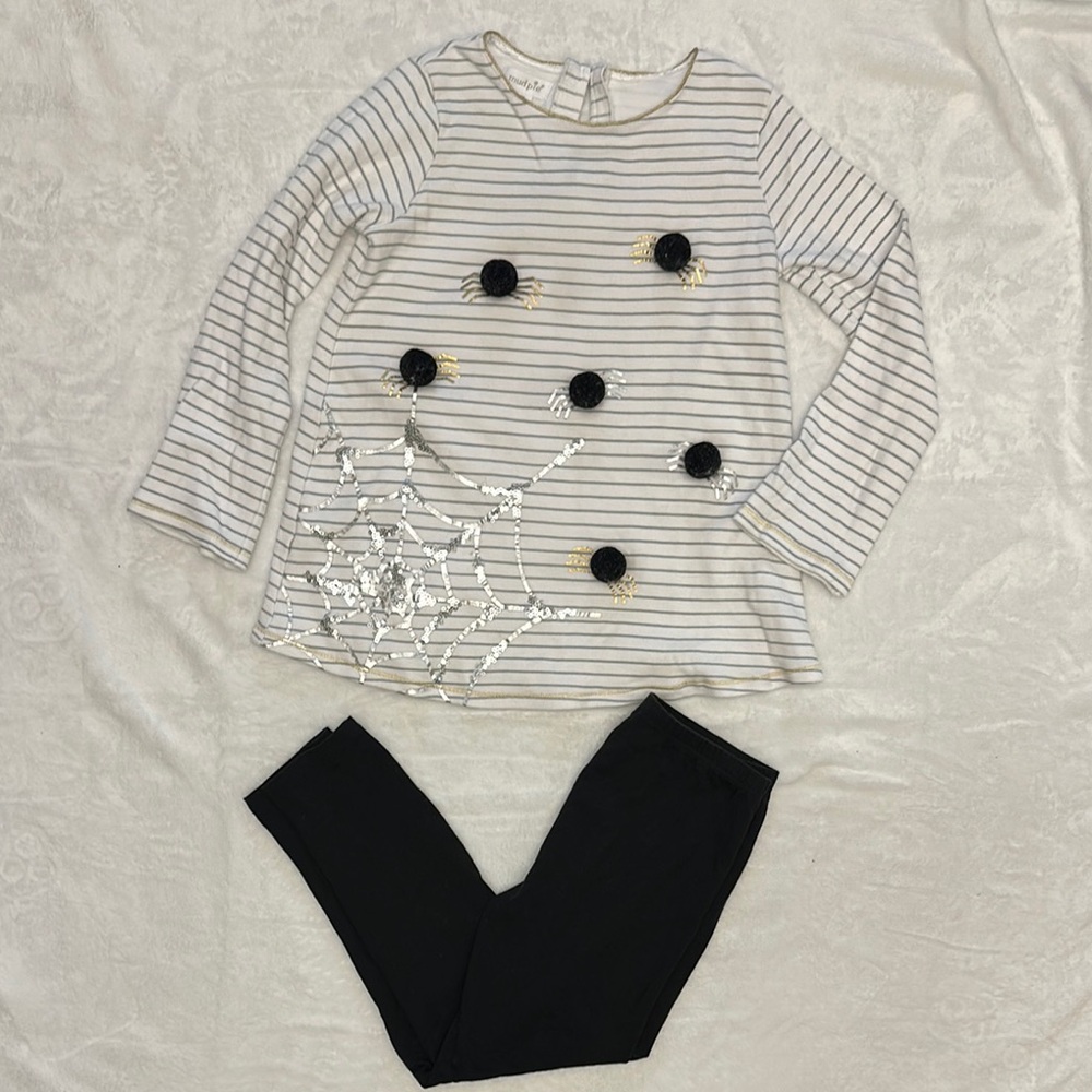 Mud Pie grey stripe sequin spider web with spiders top & black leggings 4t/5t